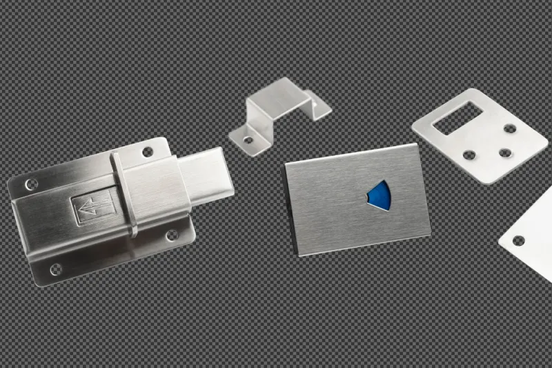 Stainless steel latch and mounting plates cut out on a transparent background