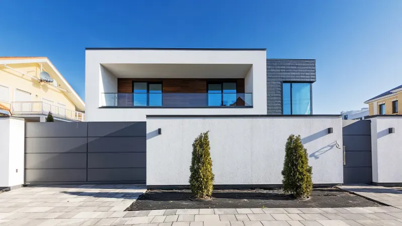 White flat-roofed house behind a dark gate with conifers to either side